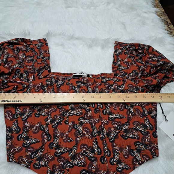 O.L.M. Ladies Puffy Sleeves Orange/Brown Butterfly Pattern Crop Corset Top - Picture 4 of 10